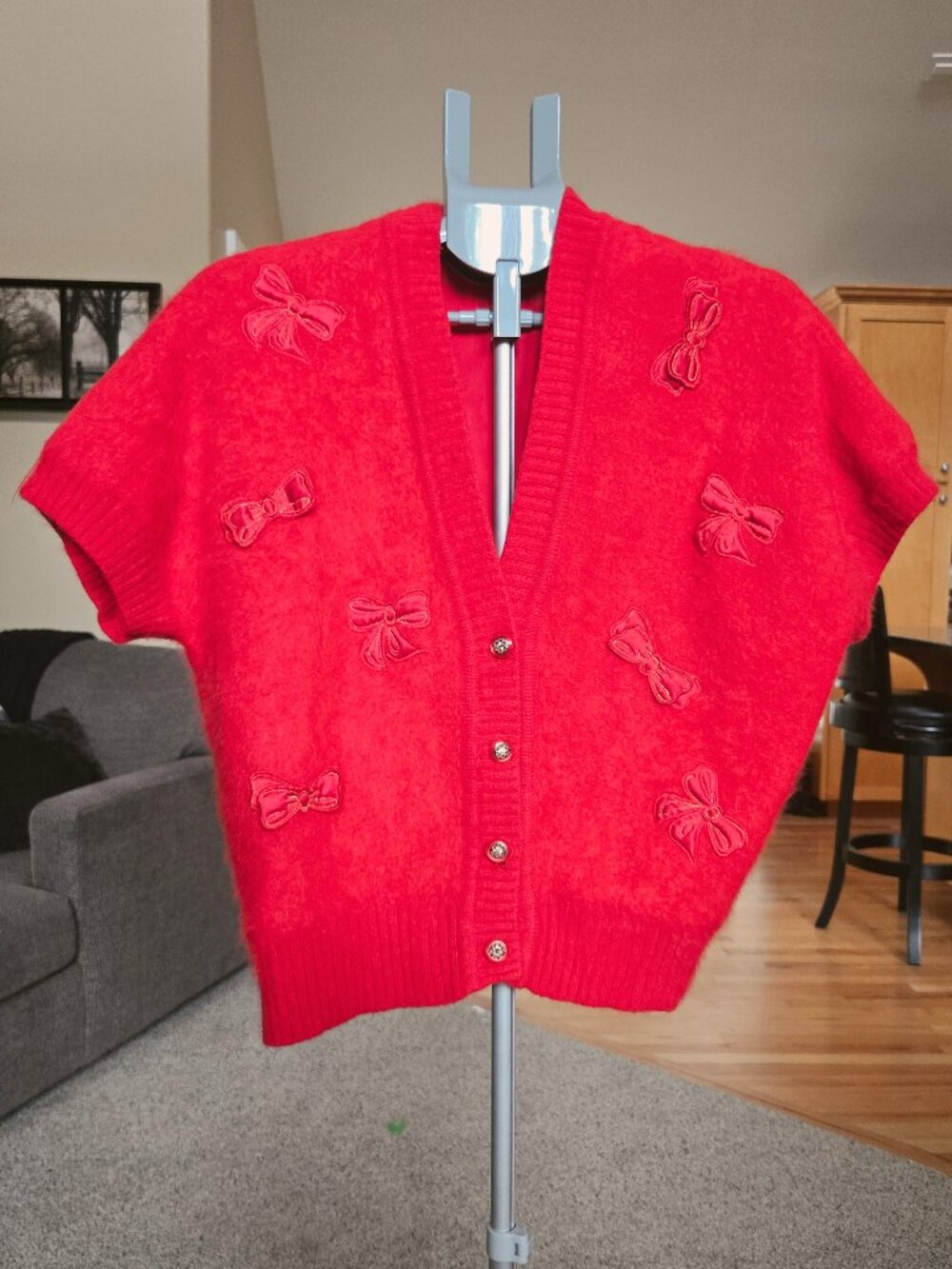 Vintage sz L/XL red button up wool blend soft cardigan with satin bows